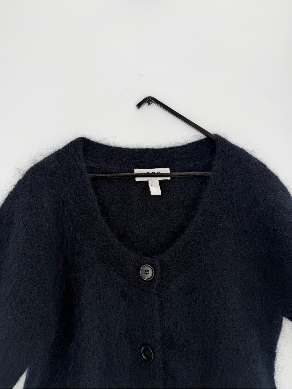 Cos Short Sleeve Mohair Blend Fuzzy Button Front Black Cardigan